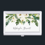 Caja Para Tarjetas De Visita Rosas florales y nombre de la vegetación Girly Ele<br><div class="desc">Elegante funda de tarjetas de visita con rosas blancas color agua y vegetación junto con tu nombre en un elegante tipo de letra manuscrita. Esta funda femenina de tarjetas de visita es ideal para un técnico de extensión de latigazos,  maquillador,  peluquero o cualquier empresa de propiedad de una mujer.</div>
