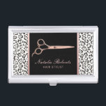 Caja Para Tarjetas De Visita Salón Leopardo del Leopardo del Rosa del pelo<br><div class="desc">Titular de la tarjeta de visita Leopard Salon Rosa Gold Scisor Leopard.</div>