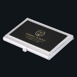 Caja Para Tarjetas De Visita Sencillo Logotipo Minimalista De Justicia De Oro E<br><div class="desc">Logo de la justicia de tono dorado con corona de laurel y escala de justicia en un fondo negro con texto dorado. Ofrecemos diseños personalizados gratuitos si el diseño se utiliza en productos de Zazzle.</div>