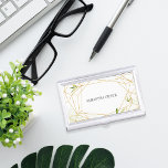 Caja Para Tarjetas De Visita Terrario | Geométrico Botánico Personalizado<br><div class="desc">Elegante titular de tarjeta de visita coordina con nuestra colección Terrarium,  con su nombre o nombre de compañía enmarcado por un intrincado borde geométrico dorado y diminutas hojas de acuarela verde y follaje.</div>