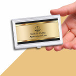 Caja Para Tarjetas De Visita Titular de la tarjeta profesional<br><div class="desc">Titular de la tarjeta de visita del abogado con fondo metálico plateado fresco y simulado impreso en el frente y la escala de la justicia con tu nombre y profesión mostrados audazmente para una mejor primera impresión. Diseñado para guardar sus tarjetas de visita y protegerlas con estilo para un abogado,...</div>