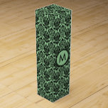 Caja Para Vino Patrón Monogramado de damasquetes florales negros<br><div class="desc">Patrón monogramado elegante de damascos florales negros y verdes</div>