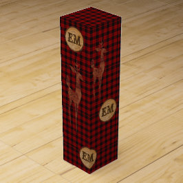 Caja Para Vino Plaid Buffalo Rústico Ciervo Monograma Rojo Cuadro