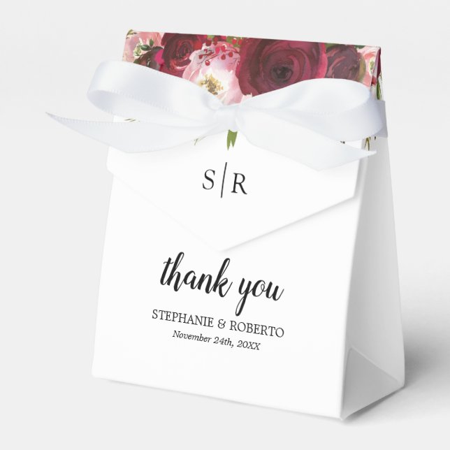 Caja Rustica de Favor de Bodas Florales en Borgoña (Front Side)