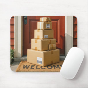 Cajas de cartón en una alfombra de bienvenida