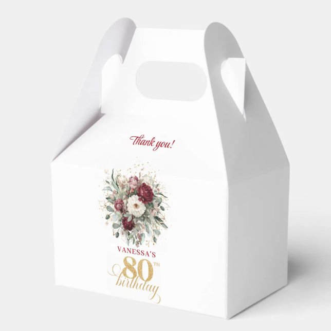 Cajas de Favor Artístico Rosado Burdeos para 80 Cu (Artistic Blush Burgundy 80th Birthday Favor Box)