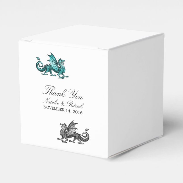 Cajas de Favor de Boda de Dragón Plateado verde az (Costado Anverso)