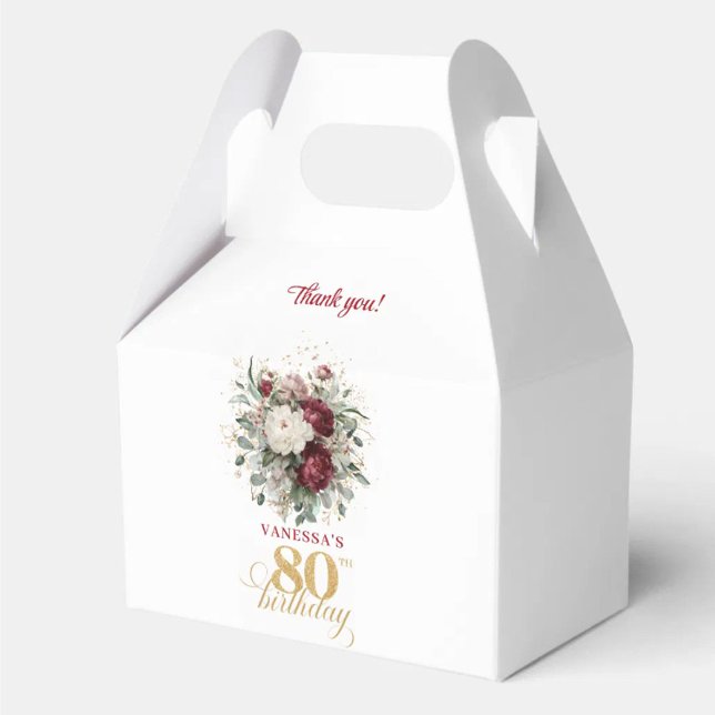 Cajas de Favor de Cumpleaños 80 con Rubor Botánico (Botanical Blush Burgundy 80th Birthday Favor Box)