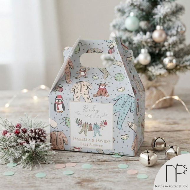 Cajas de favores para baby shower de invierno (These winter baby shower favor boxes feature hand-drawn illustrations for festive Christmas party)