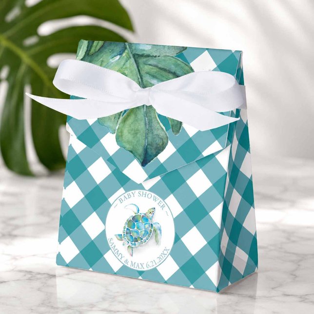Cajas de favores para baby shower Tortuga marina t (Hawaiian themed party accessories features a sea turtle and blue gingham favor box)