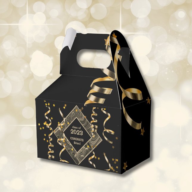Cajas de favoritos de partido de graduación person (Graduation black and gold party favor box)