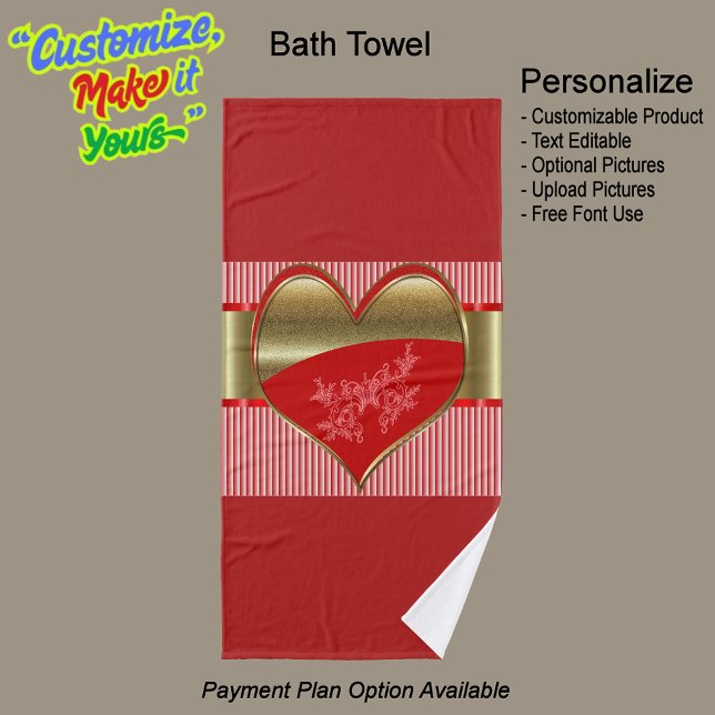 Cajas de la toalla de baño del corazón (Boxes of Hearts Bath Towel Featuring a Red Background.)