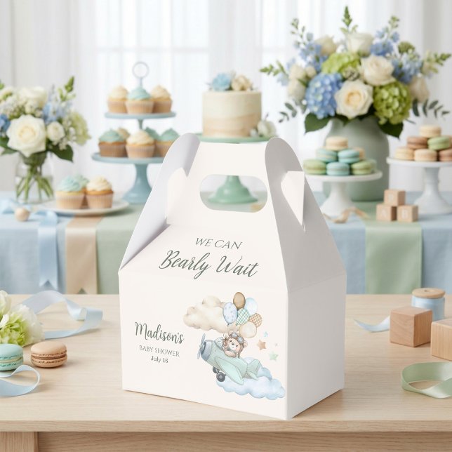 Cajas de regalo con forma de gable para baby showe (Aviator Teddy Bear Baby Shower Gable Box. Blue Boy Airplane. We Can Bearly Wait.)