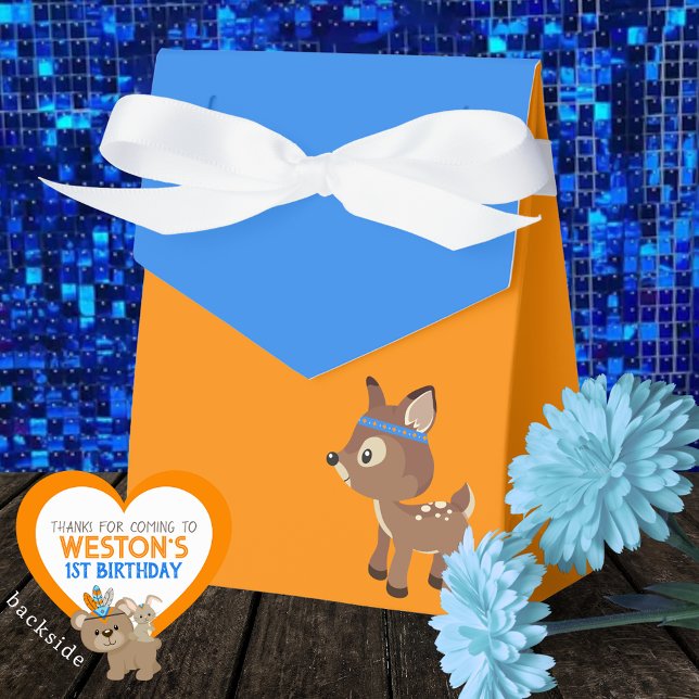 Cajas de regalos naranjas y azules de ciervos salv (Wild One Woodland Deer Favor Boxes in Royal Blue and Orange. Personalized Backside)