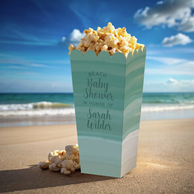 Cajas favoritas de Baby Shower de Ocean Beach mode (Beach baby shower? Just add your name to these popcorn favor boxes)