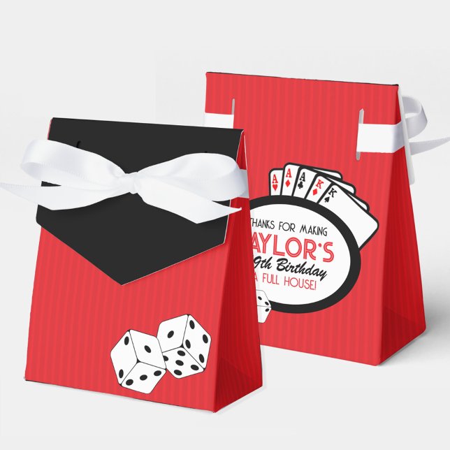 Cajas favoritas de la fiesta de póquer de Red Casi (Red Casino Dice Poker Birthday Party Favor Boxes with Personalized Thank You Back)