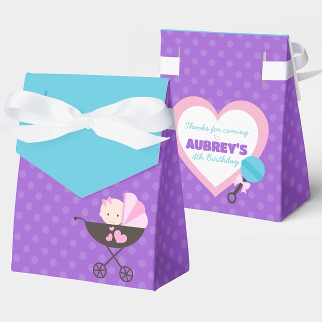 Cajas Favoritas de Regalo Púrpura Baby Doll Tret (Teal Blue and Purple Polka Dot Baby Doll Birthday Party Favor Boxes)
