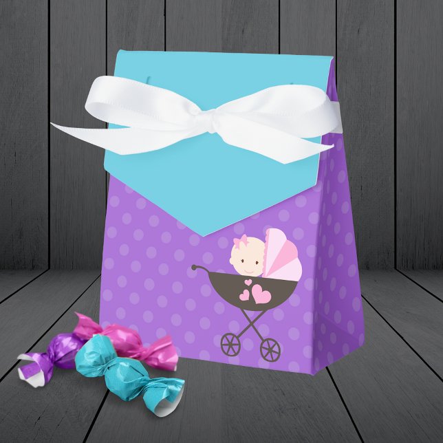 Cajas Favoritas de Regalo Púrpura Baby Doll Tret (Teal Blue and Purple Polka Dot Baby Doll Birthday Party Favor Boxes)