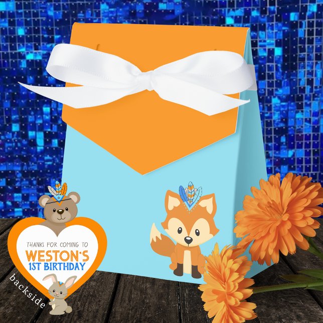 Cajas favoritas de tratamiento para bebés de Fox,  (One Happy Camper Wild One Forest Fox Favor Boxes in Baby Blue and Orange. Personalized Backside.)
