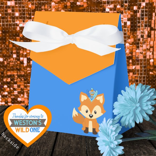 Cajas favoritas de tratamientos de Naranja y azul  (Wild One Forest Fox Royal Blue & Orange Treat Favor Boxes. Personalized Backside)