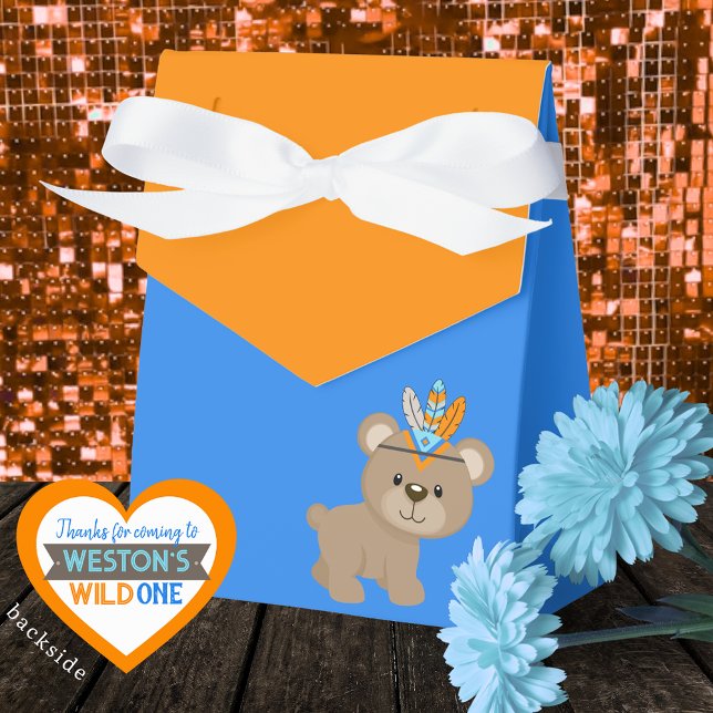 Cajas favoritas de tratamientos salvajes de un oso (Wild One Woodland Bear Royal Blue & Orange Treat Favor Boxes with Personalized Backside)