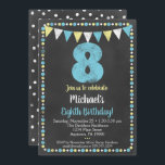 Cajón amarillo azul 8 Invitación de cumpleaños<br><div class="desc">Una divertida invitación de tiza azul y amarillo para el octavo cumpleaños que incluye chunky tiza texto en la parte superior con fondo de tiza,  banderas y un lindo borde de polka-punto.</div>