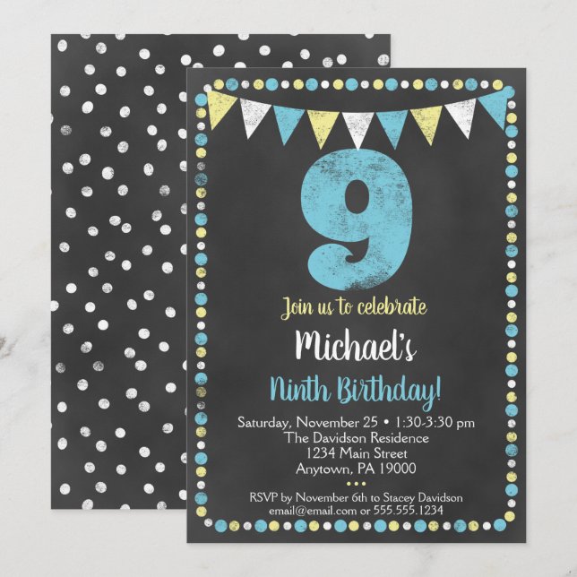 Cajón amarillo azul Novena Invitación de cumpleaño (Anverso / Reverso)