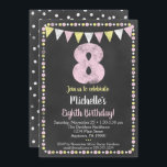 Cajón amarillo rosado 8 Invitación de cumpleaños<br><div class="desc">Una divertida invitación de pizarra rosa y amarillo para el octavo cumpleaños que incluye chunky tiza texto en la parte superior con fondo de pizarra,  banderas y un lindo borde de polka-punto.</div>