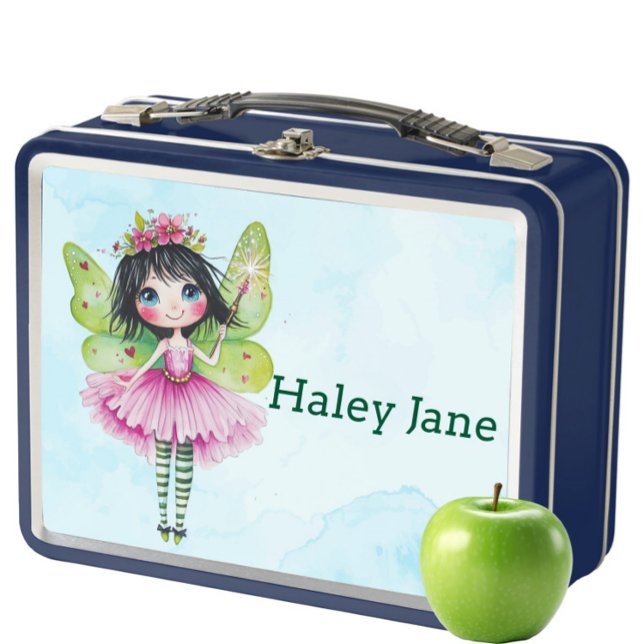 Cajón de almuerzo Metalizado para niños de hadas a (Personalized Blue Fairy Lunch Box for Kids – Cute Custom Name Whimsical Girl’s School Snack Box)