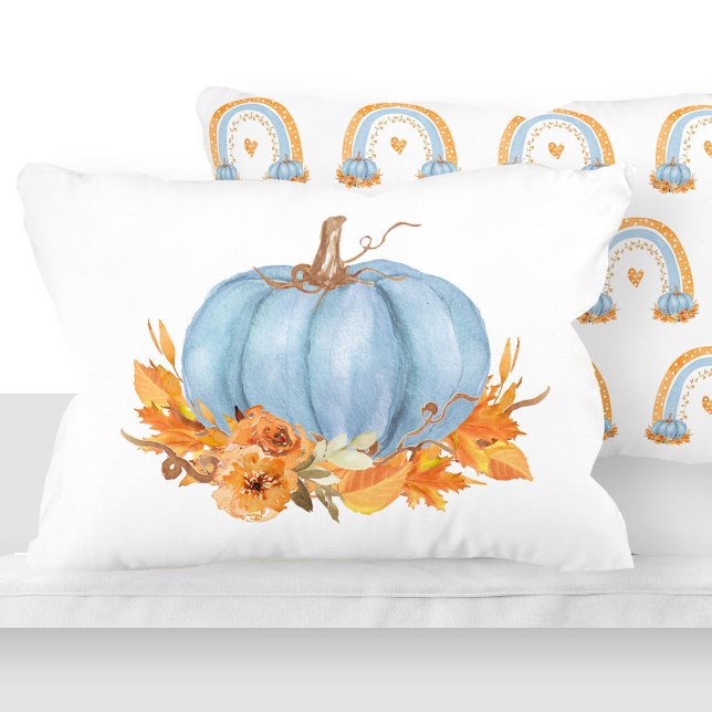 Calabaza azul otoño y almohada de arco iris con én (Fall Blue Pumpkin and Rainbows Accent Pillow)