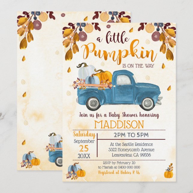 Calabaza Baby Shower Invitación Truck Calabazas Ni (Anverso / Reverso)