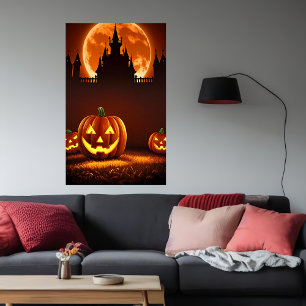 Calabaza, castillo y luna   Poster de arte de IA