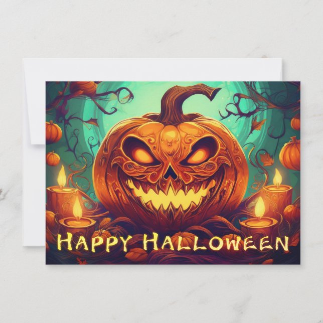 Calabaza con cara de miedo entre velas, Halloween (Anverso)