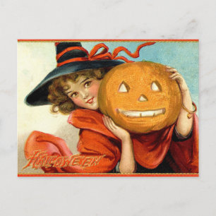 Calabaza de Bruja de Niña Vintage Tarjeta Postal d