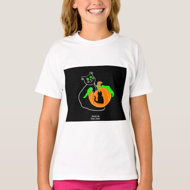Calabaza de gato negro Chica Camisa Básica Blanca (Anverso)