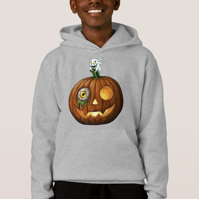 Calabaza embrujada con fantasma y globo ocular got (Anverso)