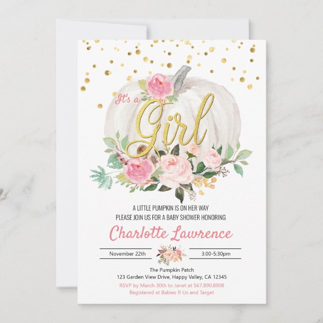 Calabaza es una invitación rosa de Baby Shower Chi (Anverso)