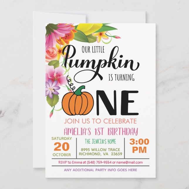 Calabaza floral Primera invitación de cumpleaños - (Anverso)