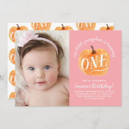 Calabaza otoñal Primer cumpleaños Invitación rosad