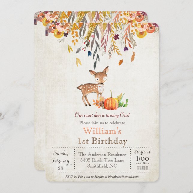 Calabaza otoñal y venado 1er cumpleaños invitación (Anverso / Reverso)
