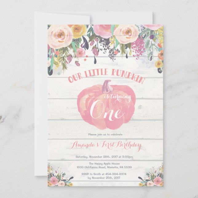 Calabaza primera invitación de cumpleaños floral r (Anverso)
