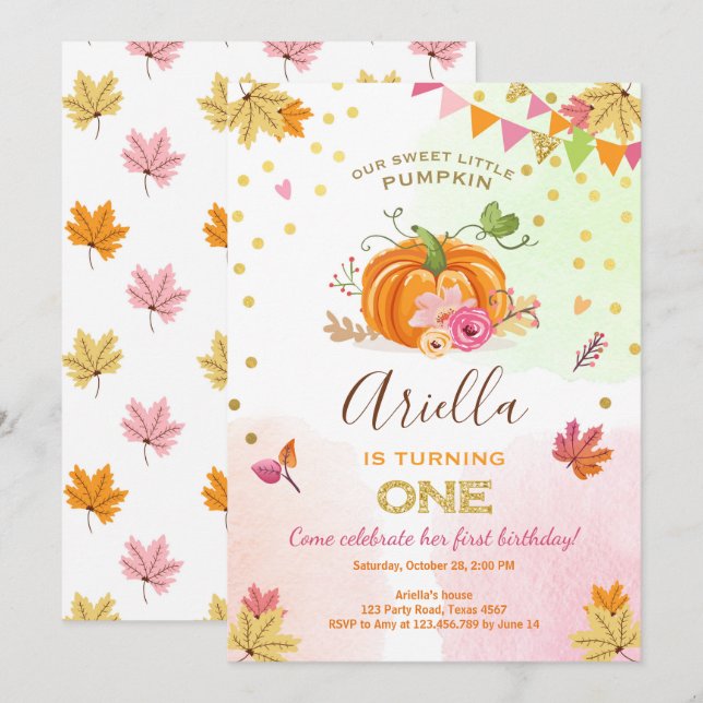 Calabaza Primera invitación de cumpleaños Otoño Ca (Anverso / Reverso)