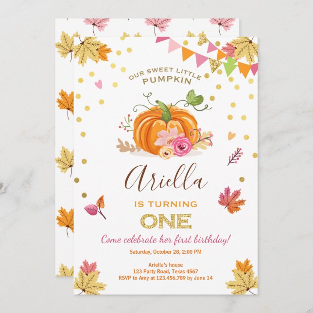 Calabaza Primera invitación de cumpleaños Otoño Ca (Anverso / Reverso)