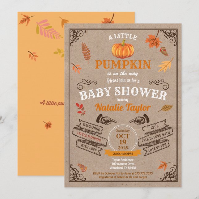 Calabaza retro invitación a la ducha de bebé vinta (Anverso / Reverso)