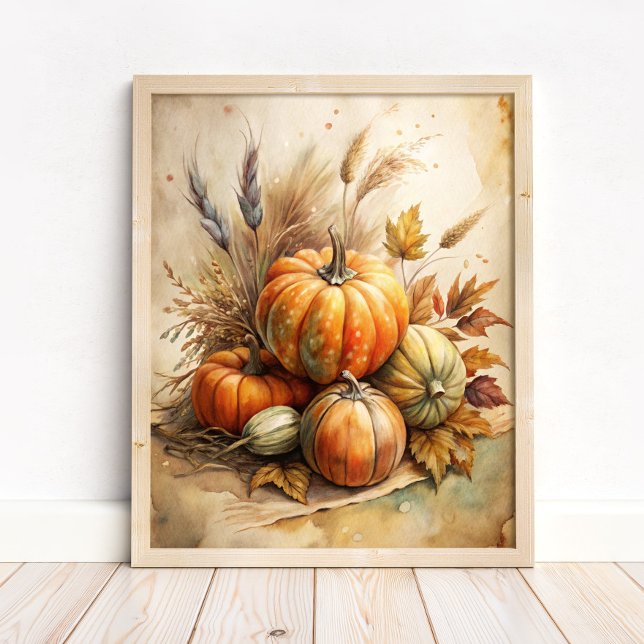 Calabaza rusa y otoño dejan al Boho caer el arte d (Rustic Pumpkin & Autumn Leaves Boho Fall Wall Art in a neutral wooden frame on the floor)