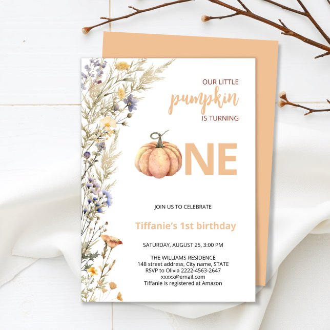 Calabaza una invitación al primer cumpleaños de ot (Little Pumpkin Baby Shower Invitation – Fall Autumn Gender Neutral Invite)