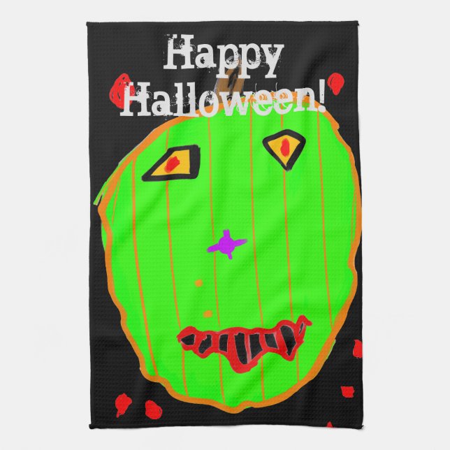 Calabaza verde Zombie Cocina de Halloween Toallas (Vertical)