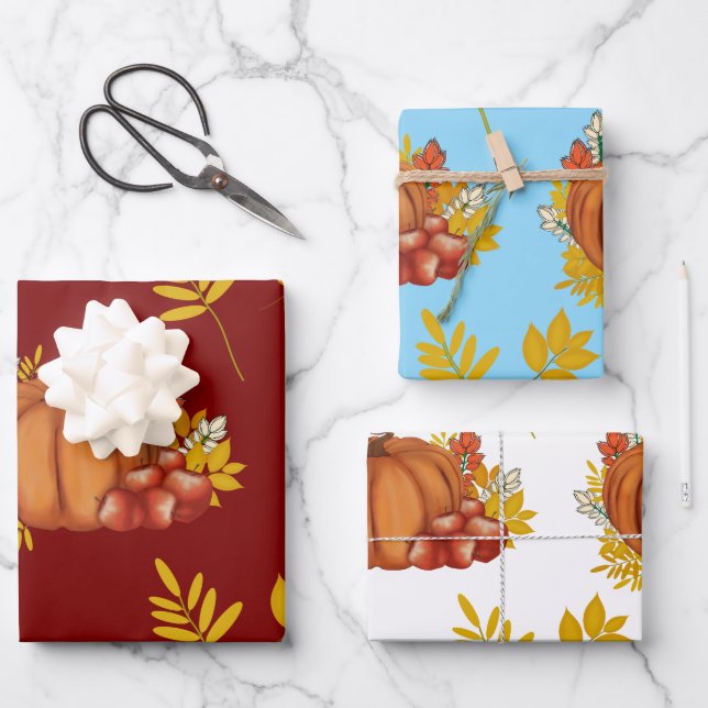 Calabaza y manzanas con hojas de otoño. Por cosech (Anverso)