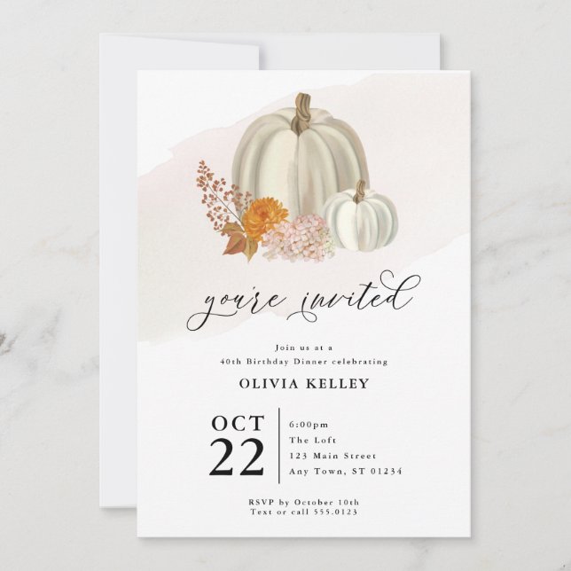 Calabazas blancas y flores otoñales, invitación de (Anverso)
