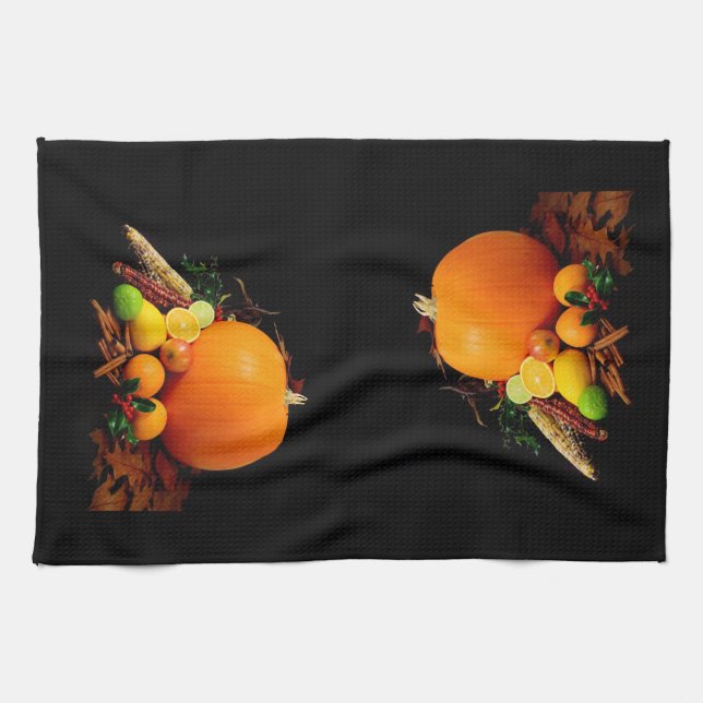 Calabazas de cosecha de otoño y toalla de cocina d (Horizontal)